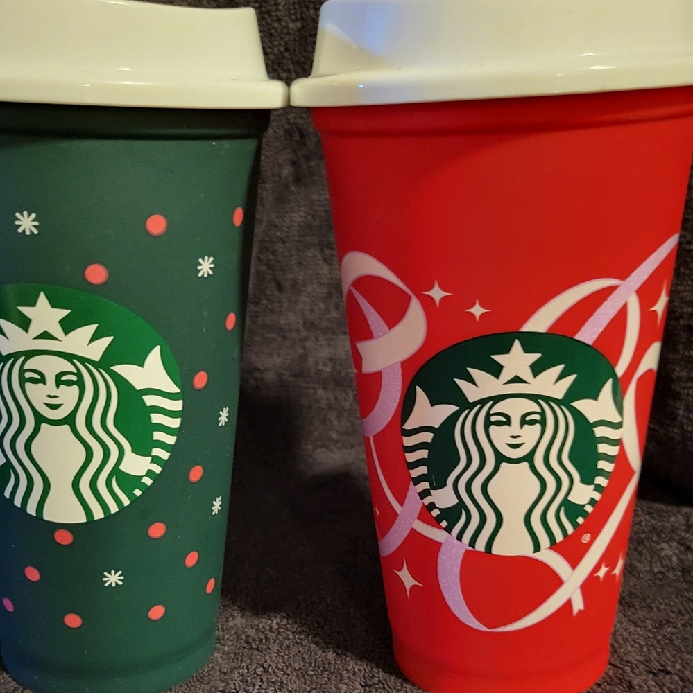 Starbucks travel cups.